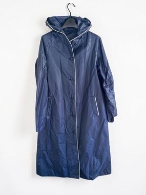 Vintage Navy Hooded Rain Coat with Contrast Piping